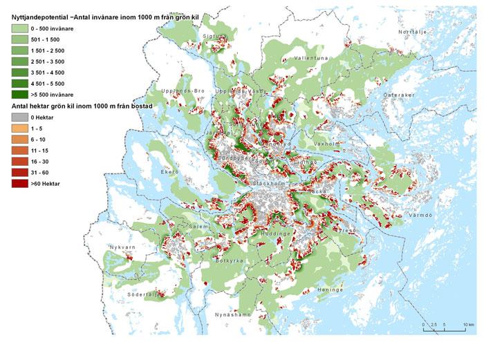 30 (44) Kartan illustrerar en geografisk fördelning av tillgången på tätortsnära natur ur två olika aspekter.