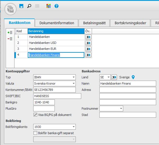 Fliken Bankkonton I denna flik registrerar du factoringföretagets konto och dess uppgifter gällande kontonummer etc. För vissa factoringföretag kan du behöva registrera flera konton.