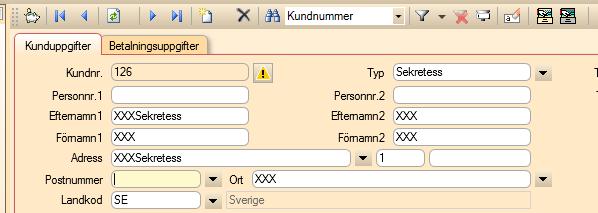 Fyll i fält i Kundbilden enligt bild nedan. Fältet tbfukund.intfakturasortering sätts till 99.