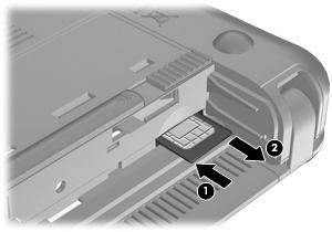 5. Vänd datorn upp och ned på en plan yta med batteriplatsen mot dig. 6. Ta ut batteriet. 7. Tryck in SIM-kortet (1) och plocka sedan bort det från kortuttaget (2). 8.