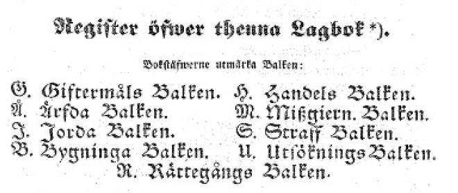 1734-års lagar, med 1842 års revidering Giftermålsbalken Handelsbalken Ärvdabalken Missgärnin.