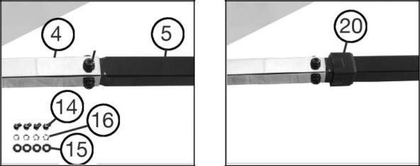 Vik ut sidorna på hoppduken (12) och dra i de korta elastiska repen (10) från hörnen ut över huvudramen och sedan runt