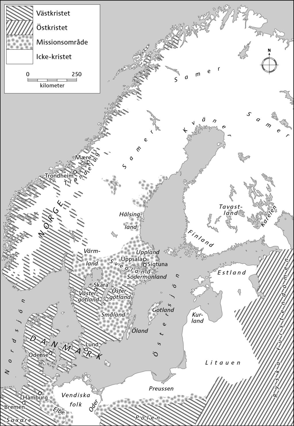 216 Figur 1: Schematisk karta över religionsförhållandena runt år 1100 i Norden och Östersjöregionen med de viktigaste omnämnda platserna i artikeln utmärkta.