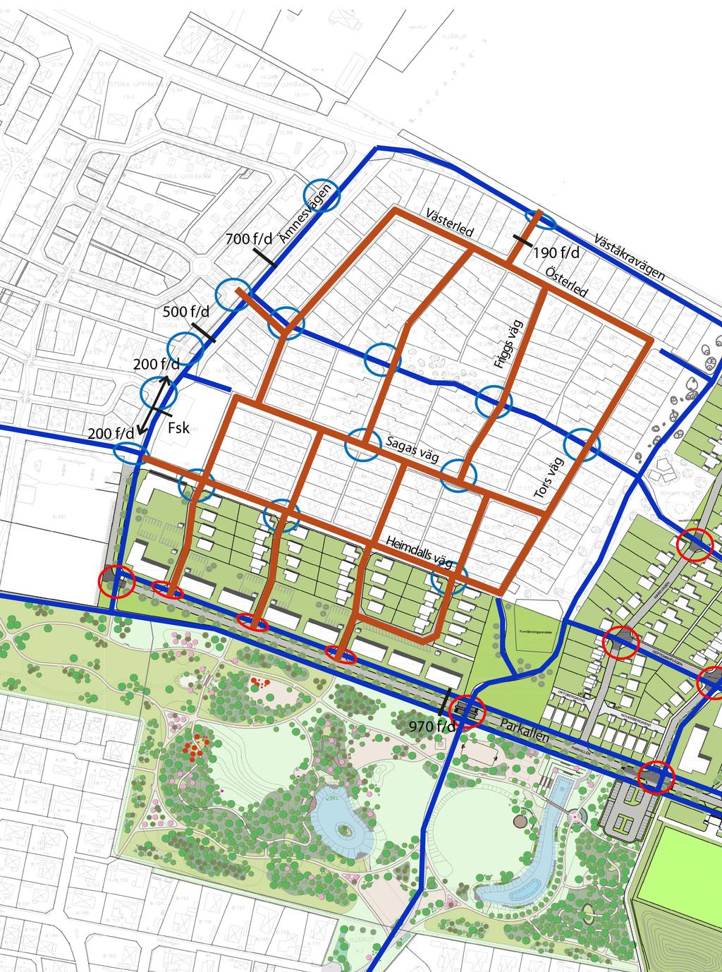 För det nya området, etapp 3, planeras tre anslutningsgator söderut till Parkallén. Anslutningsgatorna kommer även att koppla till befintligt område, etapp 1.