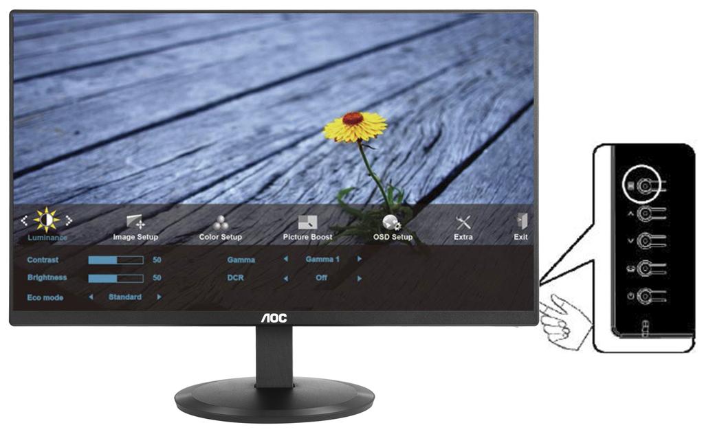 OSD-inställning Enkla och grundläggande instruktioner för kontrollknapparna. 1) Tryck på -button (MENU-knappen) (meny) för att aktivera OSD-fönstret.