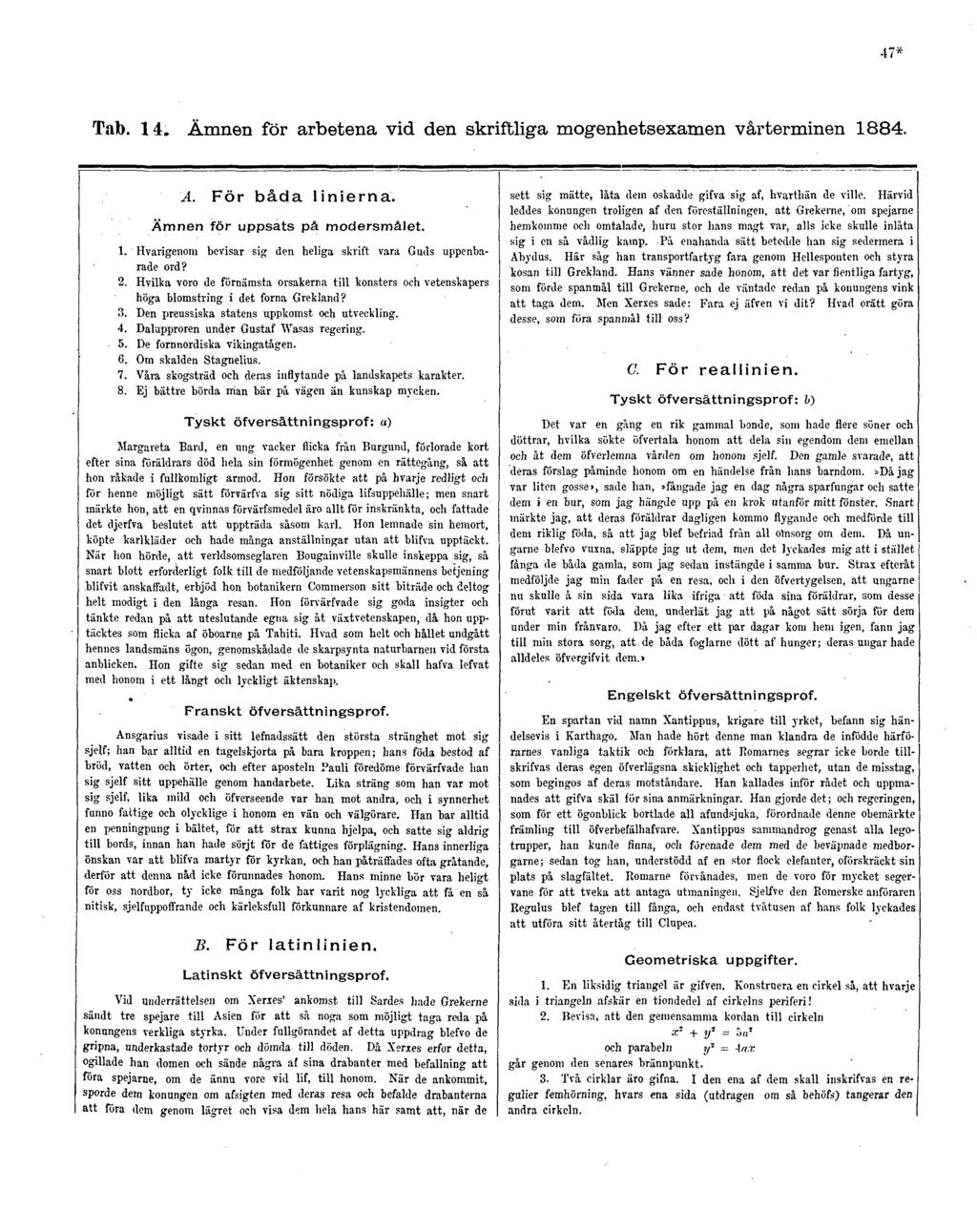 47* Tab. 14. Ämnen för arbetena vid den skriftliga mogenhetsexamen vårterminen 1884. A. För båda linierna. Ämnen för uppsats på modersmålet. 1. Hvarigenom bevisar sig den heliga skrift vara Guds uppenbarade ord?