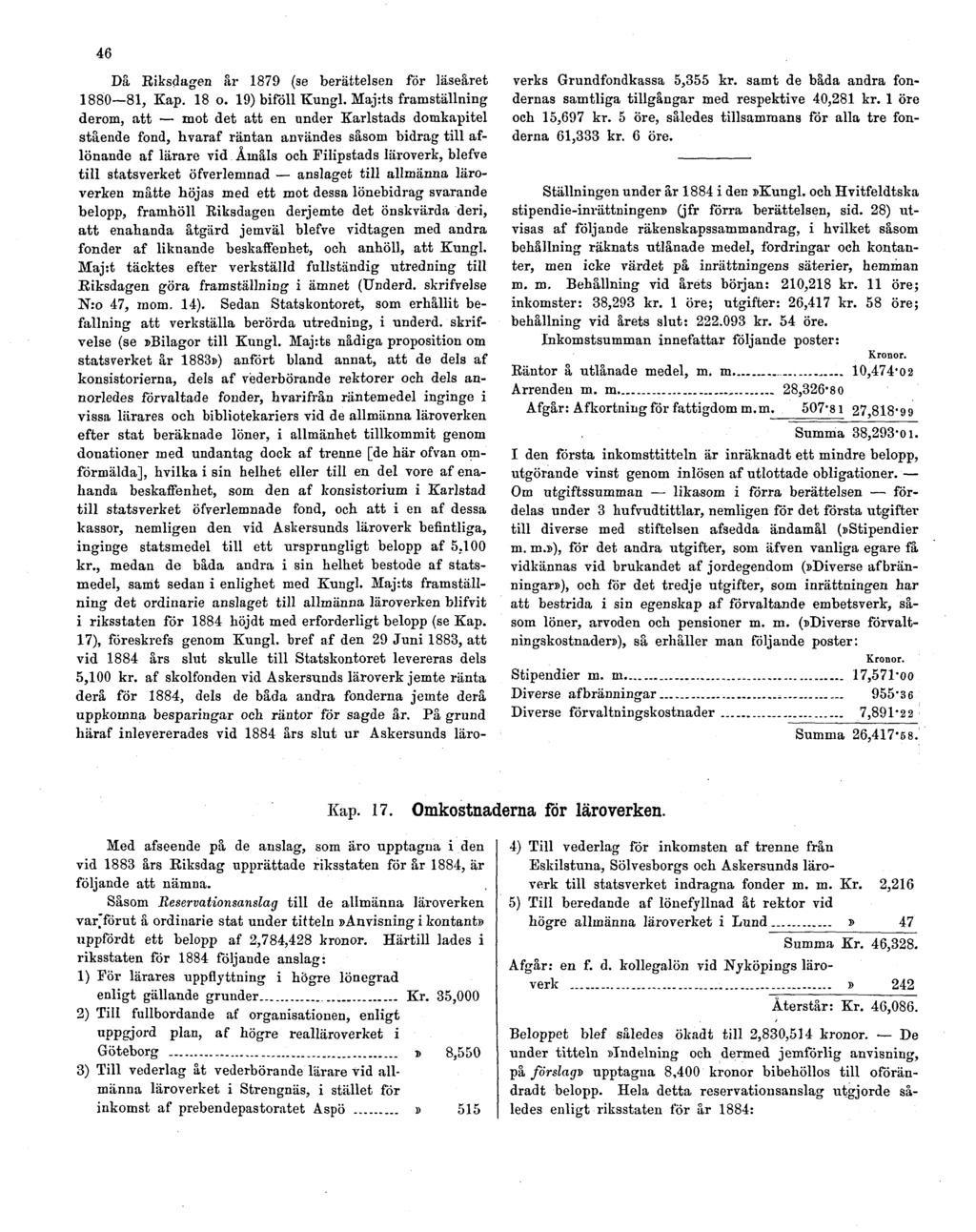 46 Då Riksdagen år 1879 (se berättelsen för läseåret 1880 81, Kap. 18 o. 19) biföll Kungl.