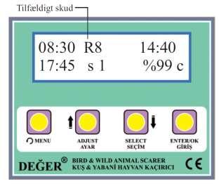Exempel: Slumpmässigt skott (Random) Slumpmässigt skott Displayen i figur 18 visar här, att fågelskrämman är inställd till tidsinställda skott mellan 08.30 och 17.45.