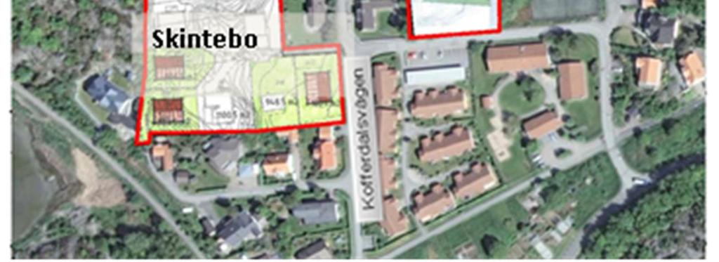 Aktuella områden, Skintebo 2:47-28 och Skintebo 2:61, är utmärkta med röda linjer (Göteborg Stad).