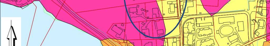 Utsnitt från jordartskartan, där rosa är berg i eller nära dagen och gult är lera (Planeringsunderlag Geoteknik, Tyréns).