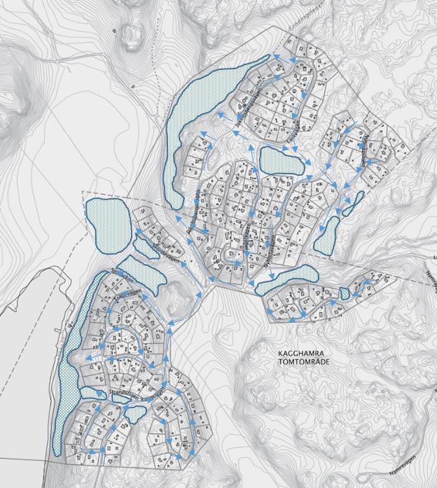 4 Förutsättningar 4.1 Flödesvägar Flödesvägar utgörs i huvudsak genom öppna diken efter befintliga vägar och avrinning sker till naturmark i naturliga stråk.