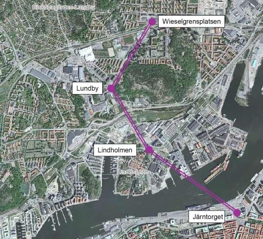 Ortofoto med linebanesträckning och stationslägen Kontorets kommentarer På grund av kort tidplan behöver tre detaljplaner upprättas parallellt för stationslägen och linjesträckning vid Lindholmen,