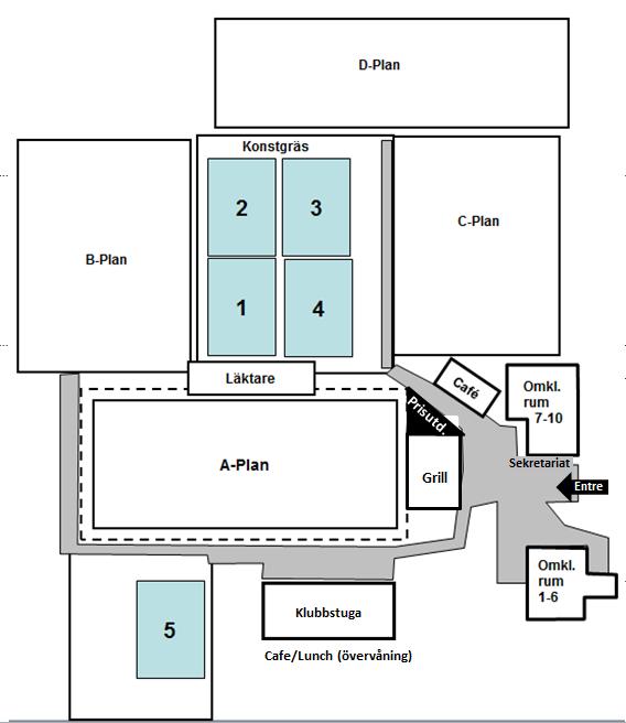 Planskiss/Omklädningsrum Plan 1-4 är konstgräsplan. Plan 5 är konstgräs inomhus. Vi har 10 omklädningsrum och vid ankomst får ni information om var ni kan byta om.