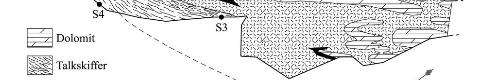 5.1.2 Strandmalmen, Liggmalmen nivå 620 m, (1995-02-15) Omvandlingsbergarten i stratigrafisk ligg Den stratigrafiska liggsidans omvandlingsbergarter undersöktes vid punkt S4 (här geometrisk häng på