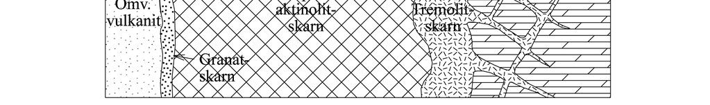 och tremolitskarn. Sektionens bredd är ungefär 10 m. A B C D Figur 23. A. Omvandlad vulkanit nära skarnkontakten. Smal deformationszon med kulmalm på högra sidan.