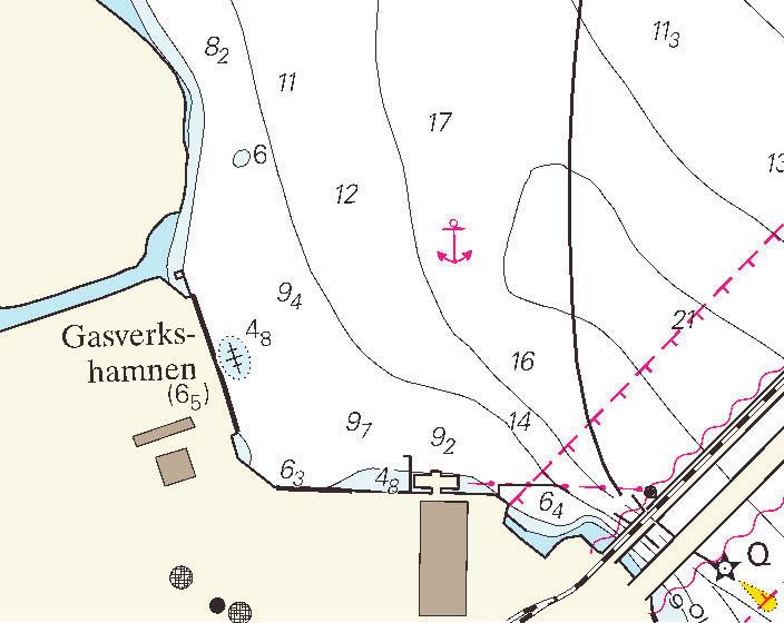 Nr 40 4 Sjökort: 6141, 6142 1424 Sverige. Norra Östersjön. Värtahamnen. N om Lidingöbron. Gasverkshamnen. Ändrat djup vid kaj. Vrak.