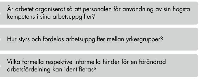 82 (119) I Vårdanalys 2013:9 Ur led är tiden, föreslås följande tre frågor användas i arbetet att se över läkares arbetsuppgifter. De kan med fördel användas även för andra yrkeskategorier.
