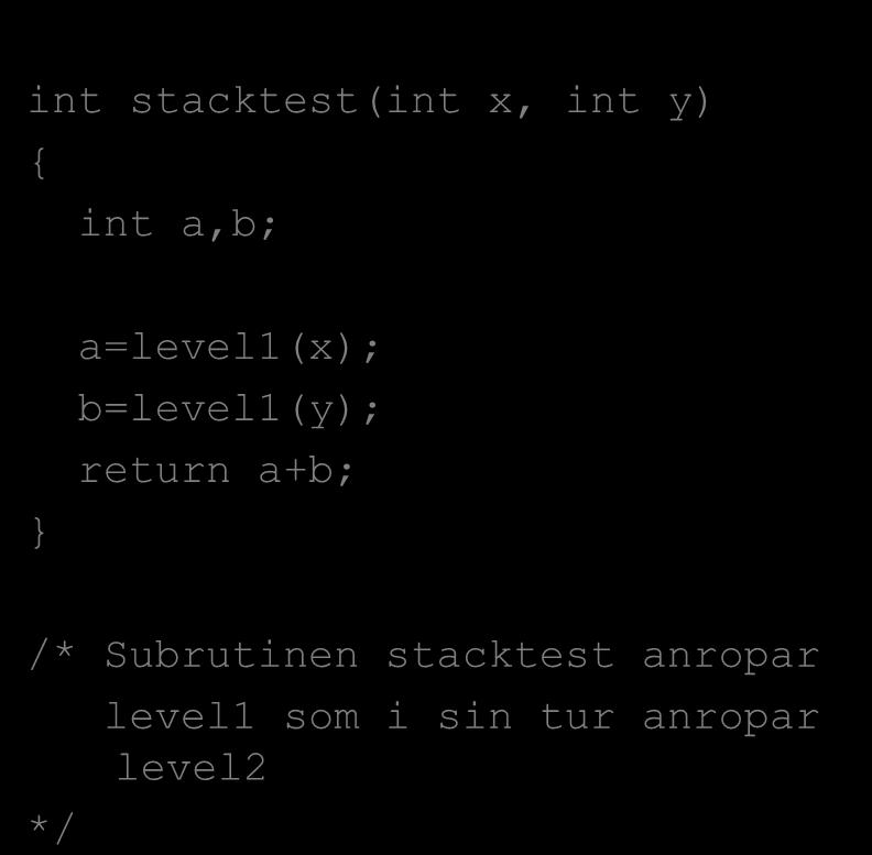Subrutiner i C int stacktest(int x, int y) { int a,b; int level1(int x) { int a; } a=level1(x); b=level1(y); return a+b; /*