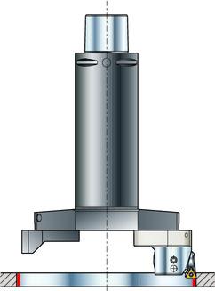 justering 0,002 mm (0,00008 tum) Skärvätska Invändig Skärhastighet, V c max: 600 m/min (1968 fot/min) ustera alltid från centrum och ut mot periferin. Håldiameter 1) 1. Inbyggnadshållare 2.