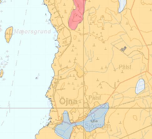 1-9 Bild 4. Orange nyans förevisar finkornig morän. GTK Lantmäteriverket. Vattendrag och vattenhushållning Området gränsar, som tidigare sagts, till havet.