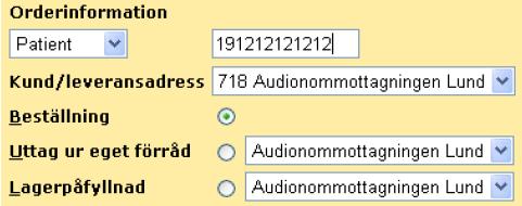 5.2 Beställa inkoppling av Hörseltekniska hjälpmedel Klicka på Kundorder i högermenyn. Välj Patient och fyll i personnummer (12 siffror) Välj Kund/leveransadress, din arbetsplats för dagen.