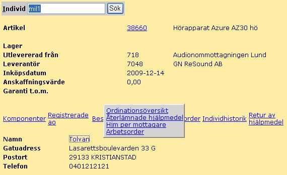 2 Individkort Individnummer / SIP-nummer Klicka på Individkort i menyn 2.1 Sök hjälpmedel via id.