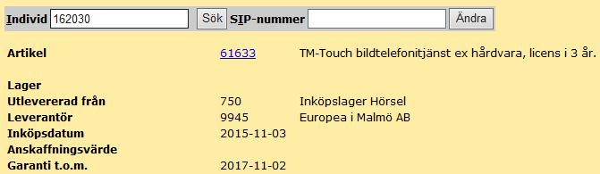 2.2 Sök hjälpmedel via SIP-nummer Används endast av förskrivare inom Alternativ Telefoni När du väljer Individkort i menyn, finns det ett fält för SIP-nummer.