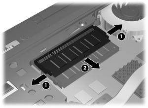 9. Ta loss minnesmodulen från expansionsminnesplatsen: a. Dra platshållarna (1) på minnesmodulens sidor åt sidan. Minnesmodulen vippar upp.