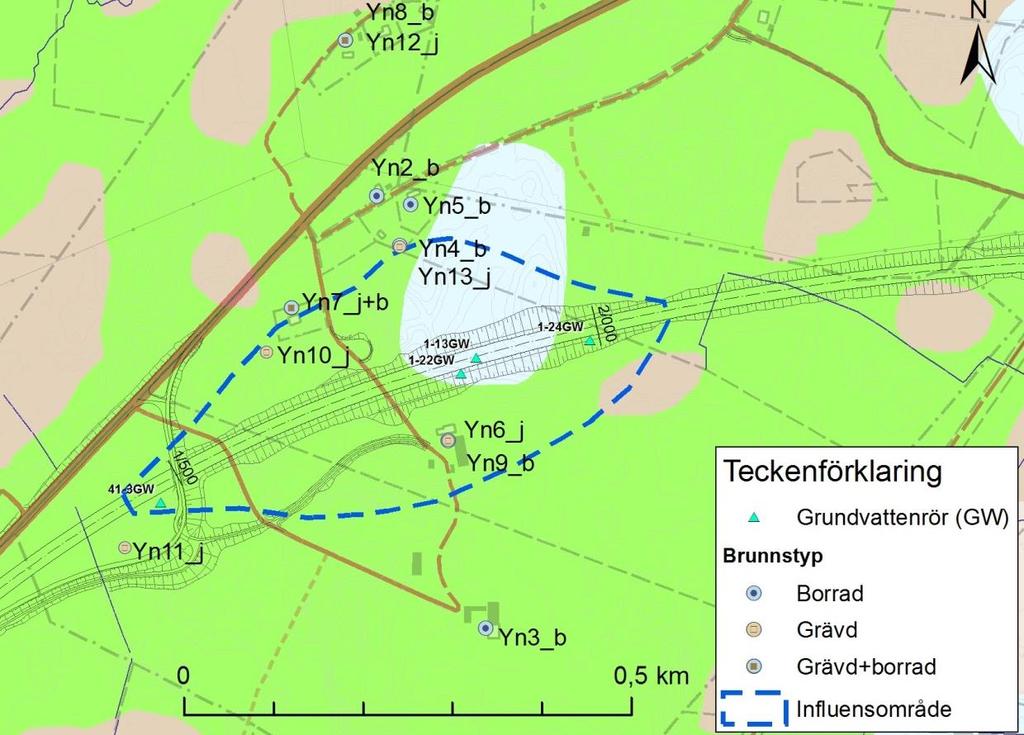 Det finns risk för påverkan på grundvattennivån i 4 grävda brunnar i skärningens närhet (Yn6_j, Yn10_j, Yn7_j och Yn13_j). Om moränen dominerar blir influensradien mer begränsad, ca 40 m.