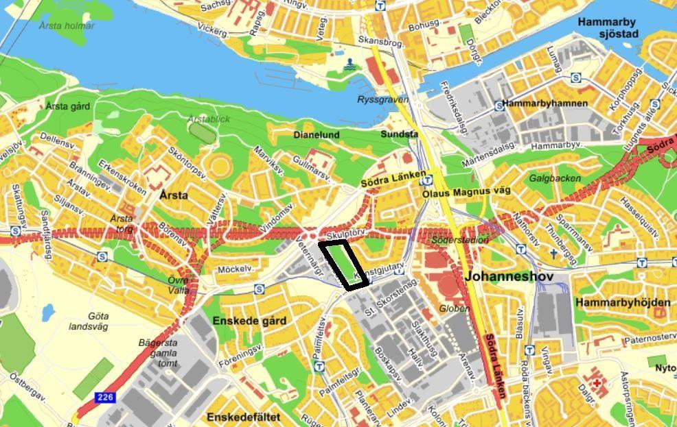 Figur 2. Orientering, utredningsområdet markerat med svart ruta. 2.2 PLANERAD FÖRÄNDRING Området benämnt kvarteret Konstgjutarvägen består av tre situationsplaner utförda av JM, Stockholmshem och HSB, se Figur 3 - Figur 5.