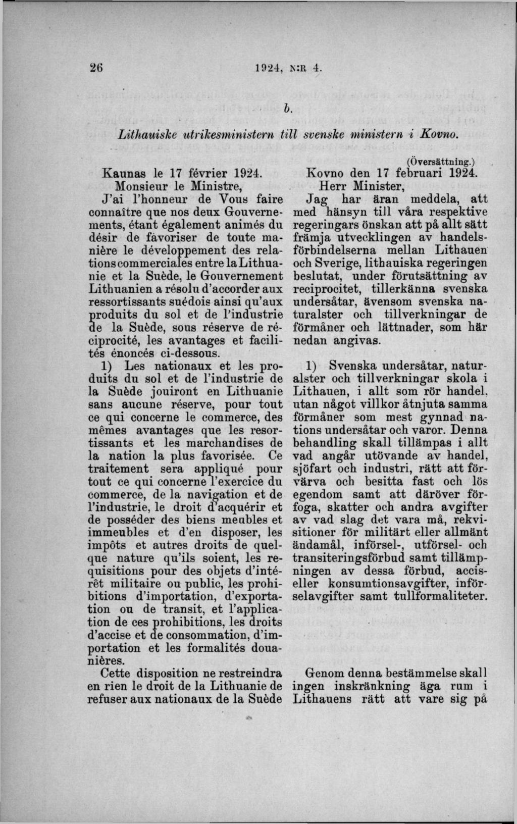 b. Lithauiske utrikesministern till svenske ministern i Kovno. Kaunas le 17 février 1924.