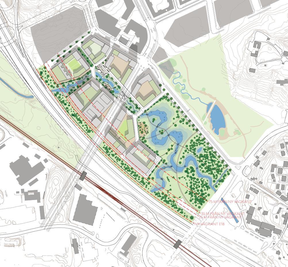 Figur 2. Strukturskiss över planområdet. Genom området rinner Bällstaån, i dagsläget till vissa delar kulverterad.