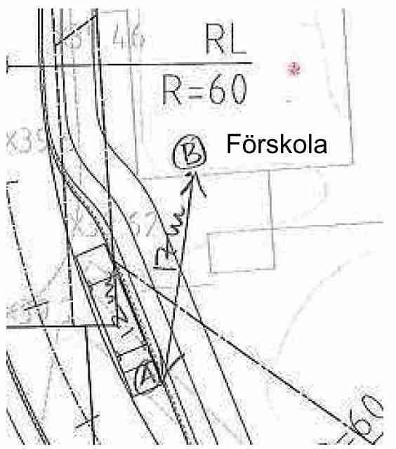 Förslag till ny lastficka för godstransporter till och från förskolan (Källa: WSP) Det blir ca 17 meter mellan en lastbil bakgavelshiss (A)och lastintag (B).