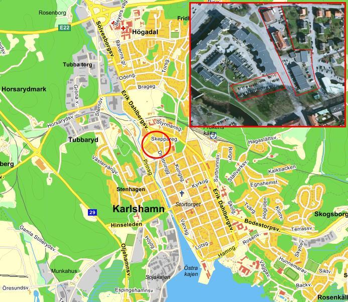 RAPPORT 2 Områdesbeskrivning 2.1 Allmänt Aktuella fastigheter ligger i centrala delarna av Karlshamn. Fastigheterna omgärdas av bostadsområden samt mindre grönområden.