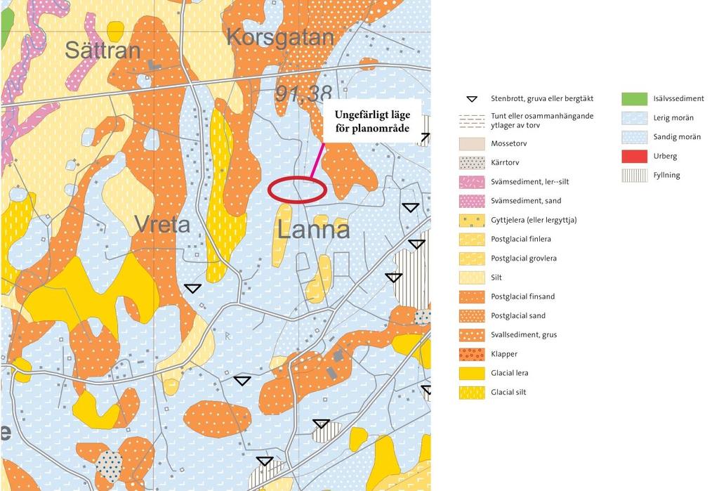 Geotekniska förhållanden En geoteknisk undersökning som utförts i samband med detaljplanen för en annan del av Vreta 2:11, söder om aktuellt planområde, visar att jorden utgjordes av varierande