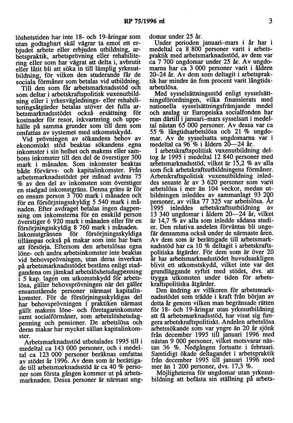 RP 75/1996 rd 3 löshetstiden har inte 18- och 19-åringar som utan godtagbart skäl vägrar ta emot ett erbjudet arbete eller erbjuden utbildning, arbetspraktik, arbetsprövning eller rehabilitering