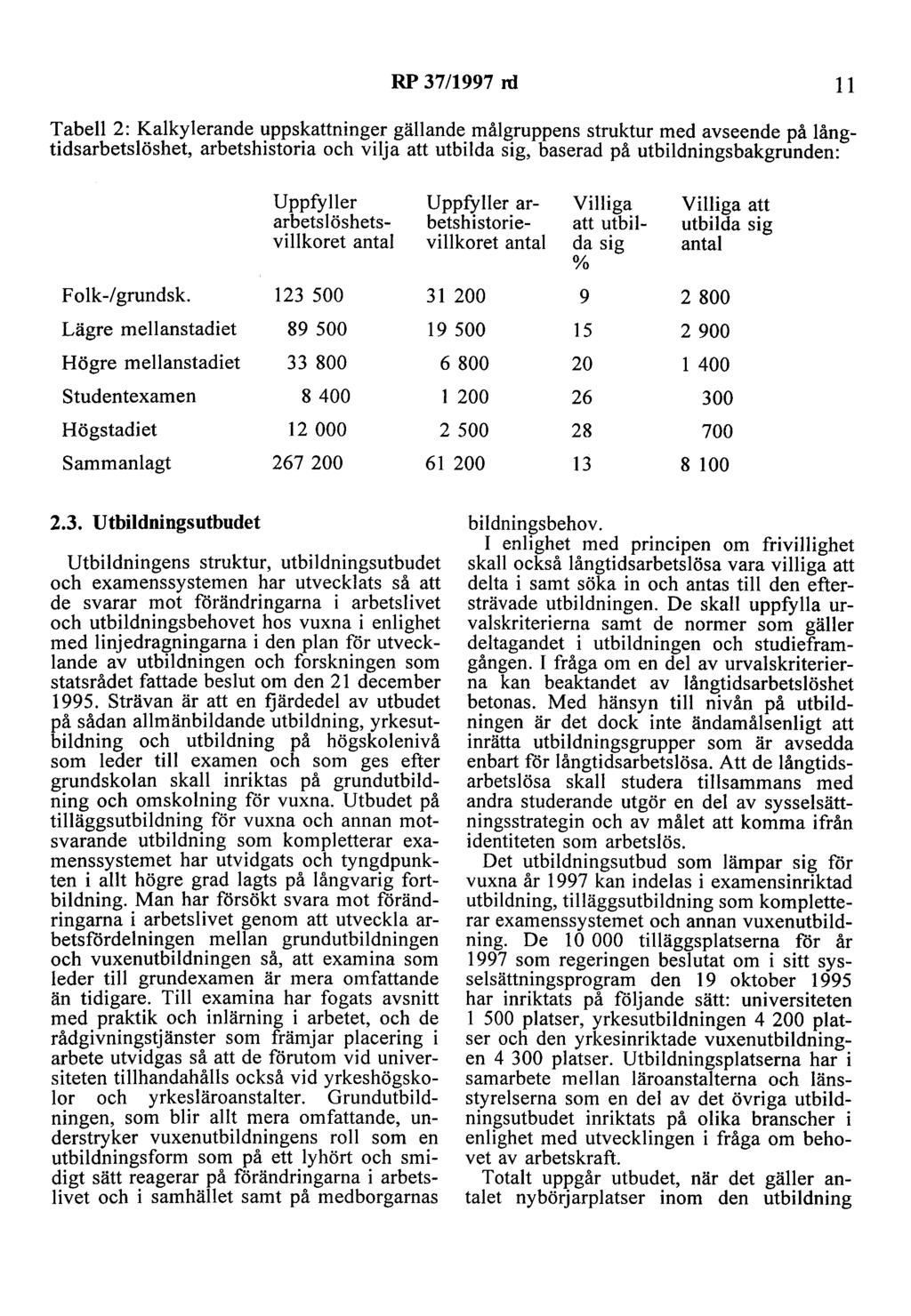 RP 37/1997 rd 11 Tabell 2: Kalkylerande uppskattninger gällande målgruppens struktur med avseende på långtidsarbetslöshet, arbetshistoria och vilja att utbilda sig, baserad på utbildningsbakgrunden: