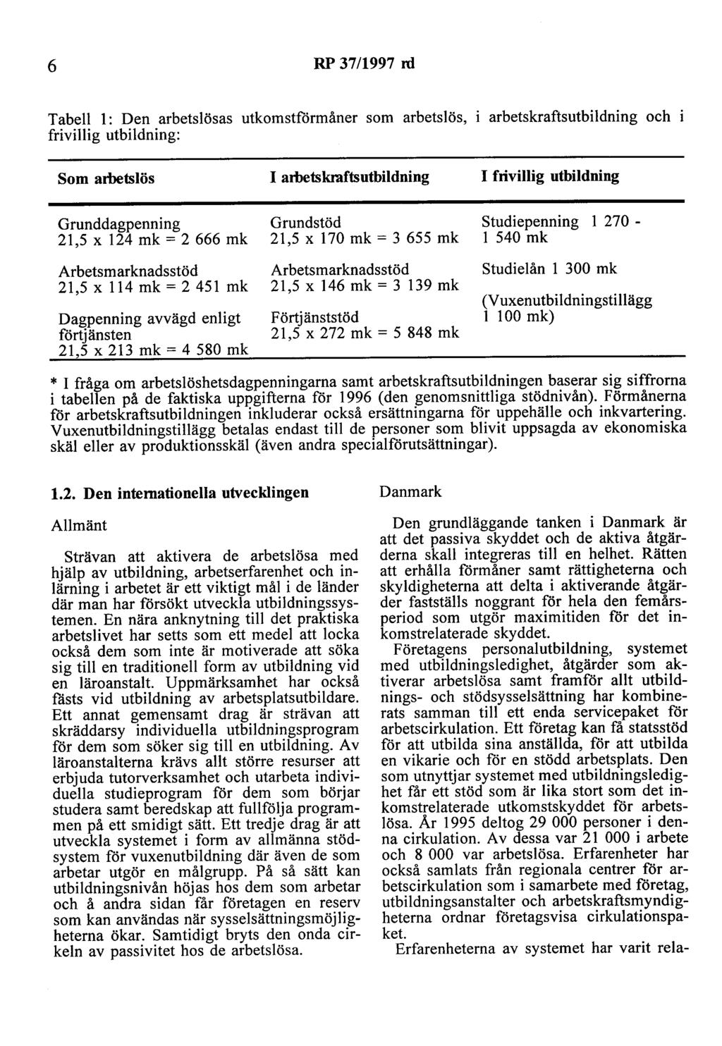 6 RP 37/1997 rd Tabell l: Den arbetslösas utkomstförmåner som arbetslös, frivillig utbildning: arbetskraftsutbildning och Som arbetslös I arbetskraftsutbildning I frivillig utbildning Grunddagpenning