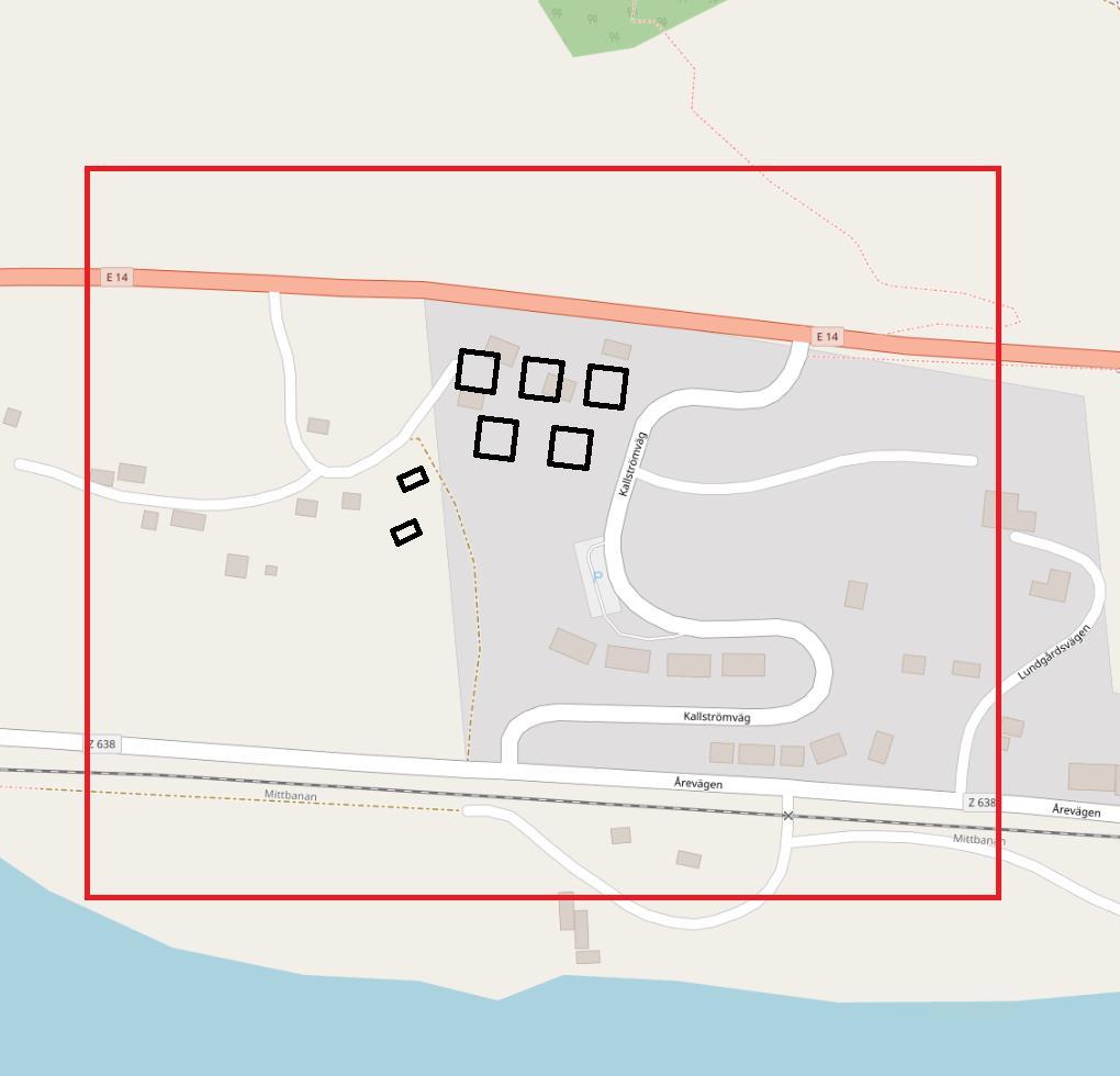 memo01.docx 2012-03-28 2. Metod och källdata 2.1 Beräkningsområde Figur 2. Område som modellerats I bullerberäkning. Ny bebyggelse markerad i svart, beräkningsområde markerat i rött.