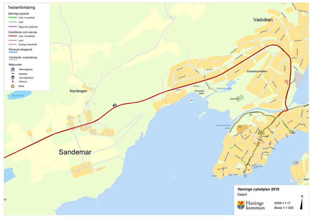 Förutsättningar Dalarö Cykelplan Haninge kommuns cykelplan antogs av kommunfullmäktige --. Planen sträcker sig över år och tar upp behov av cykelvägar både på kommunala och statliga vägar.