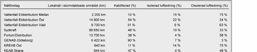 Tabell 5.2 Lokalnät i det stormdrabbade området Källa: EuroFutures, Intervjuer och enkät till ovanstående bolag.