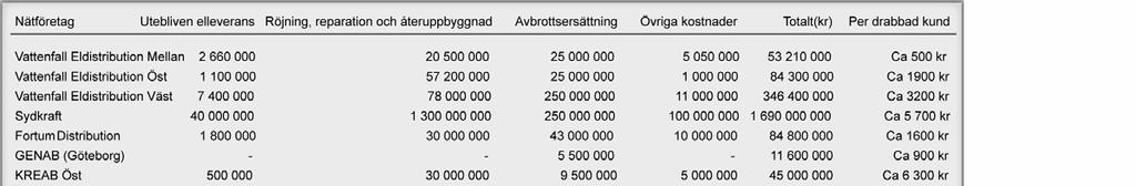 Tabell 5.6 Av bolagen uppskattade direkta kostnader till följd av stormen, total kostnad per kund Källa: EuroFutures, Intervjuer och enkät till ovanstående bolag.