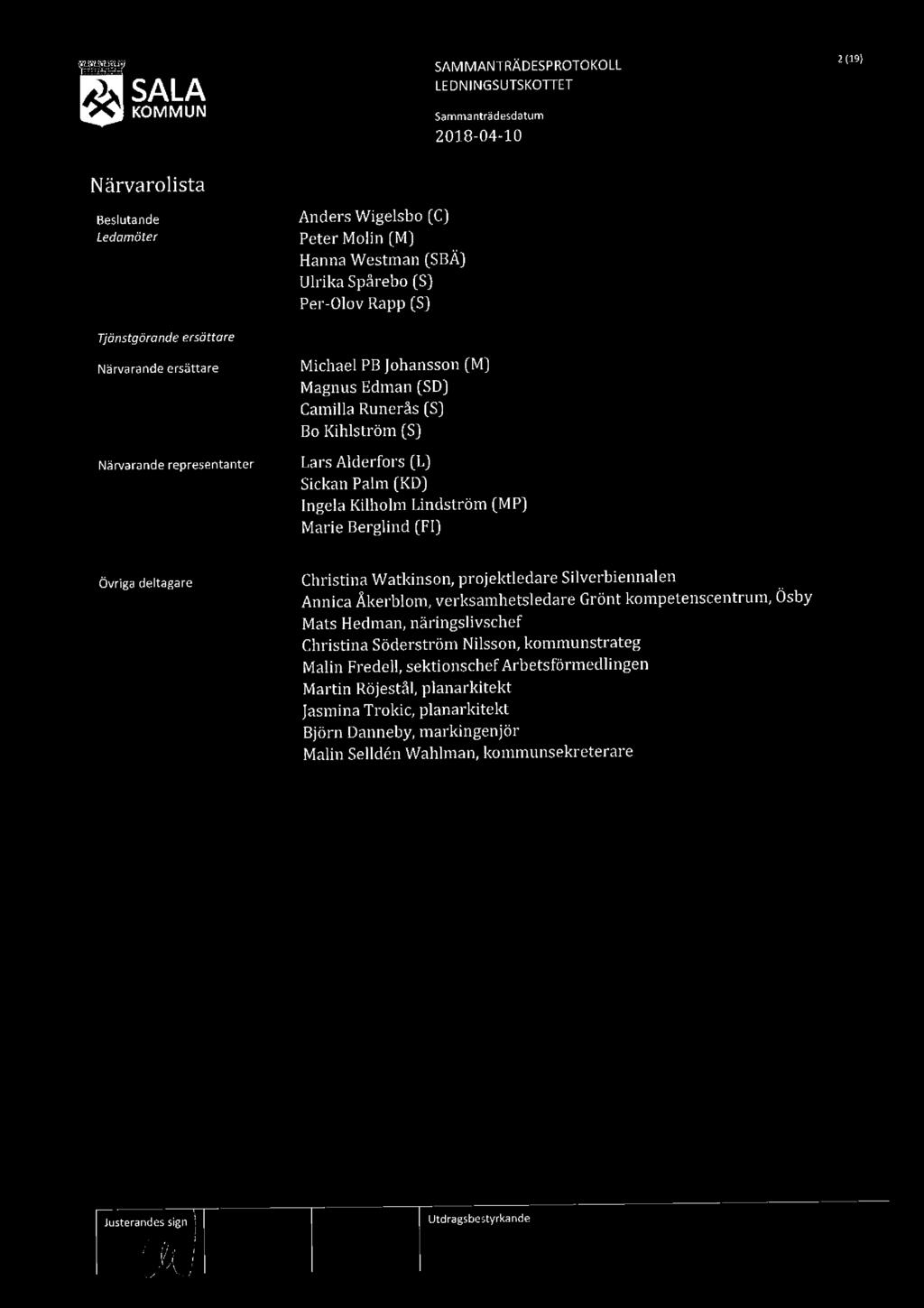 SAMMANTRÄDESPROTOKOLL 2 (19> -- i SALA LEDNINGSUTSKOTFET Närvarolista Beslutande Anders Wigelsbo [C] LEdGmÖfE' Peter Molin [M] Hanna Westman (SBA) Ulrika Spårebo (S) Per-Olov Rapp (S) Tjänstgörande