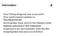 12. När du har klickat på Print öppnas denna sida där du kan boka en upphämtning. Välj datum, fyll i Location of Packages och skriv in övrig information i Special Instructions for DHL.