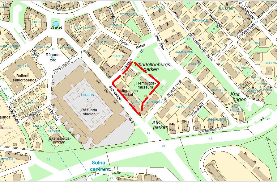 2 (12) Planområde Planområdet ligger nordost om Solnavägen i Råsunda, vid Charlottenburgsparken i centrala Solna.