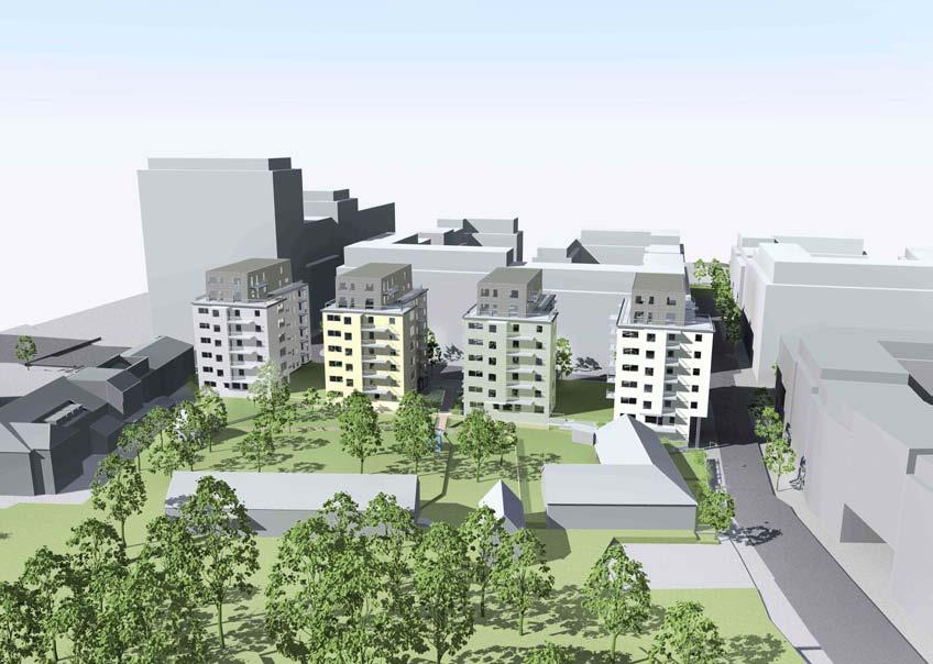 Trädgården utgör en oas i området men upplevs som relativt privat och delvis otillgänglig. Föreslagen bebyggelse, vy från Solnavägen.