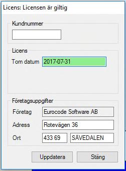 caeec204 Sprickvidd Sidan 13(13) 3.3.1 Licens Det är väldigt enkelt att uppdatera licens till programmet, mata in ditt giltiga kundnummer och sedan trycker på knappen Uppdatera.