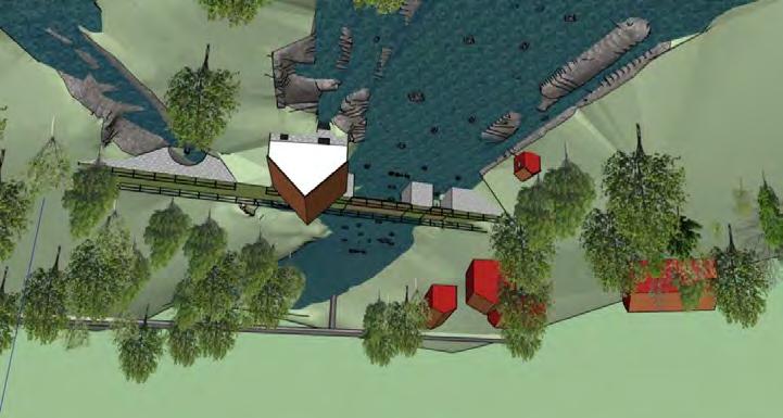 39 (72) 5.2 Stryk och avsänkning Alternativet innebär att stora delar av dammens utskov och trösklar rivs ut. Viss del av tröskeln sparas dock för att bevara mer av dämningsområdet.