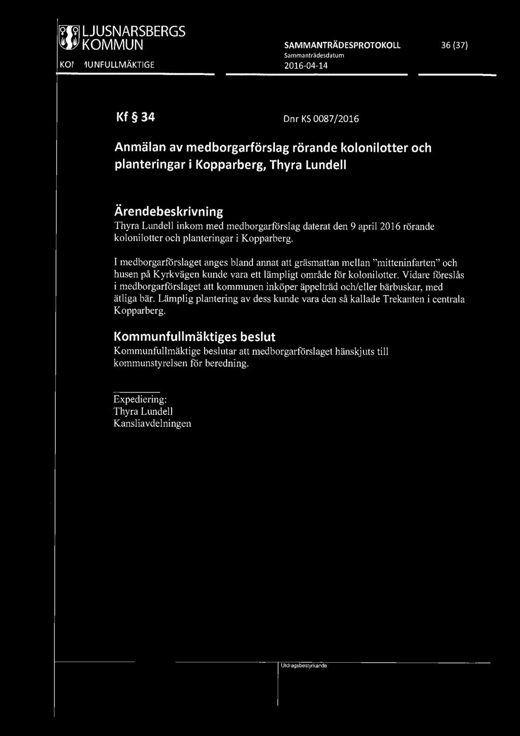 [919] LJUSNARSBERGS ~ KOMMUN SAMMANTRÄDESPROTOKOLL 36 (37) Kf 34 Dnr KS 0087 /2016 Anmälan av medborgarförslag rörande kolonilotter och planteringar i Kopparberg, Thyra Lundell Thyra Lundell