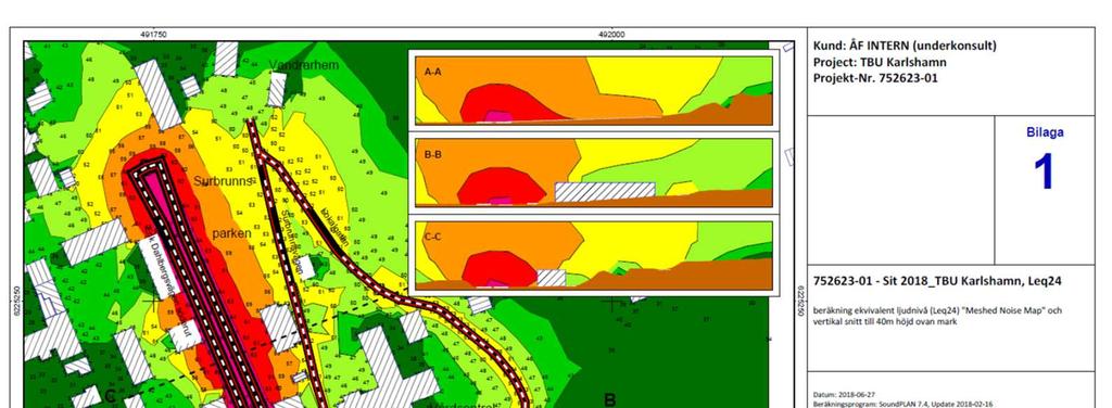 Figur 4: ekvivalent Ljudnivå Leq24 60 dba vid bostadsbyggnads fasad, projektområdet (se även Bilaga 1)